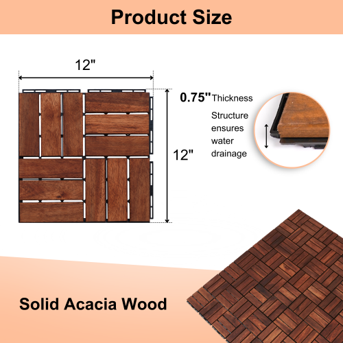 Fleefilo 30PCS Set Wood Deck Tiles Checker Pattern,12" x 12" Brown