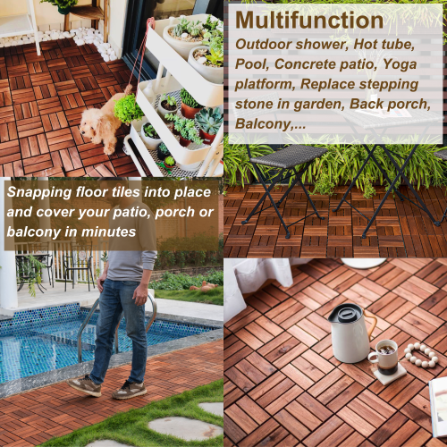 Fleefilo 30PCS Set Wood Deck Tiles Checker Pattern,12" x 12" Brown