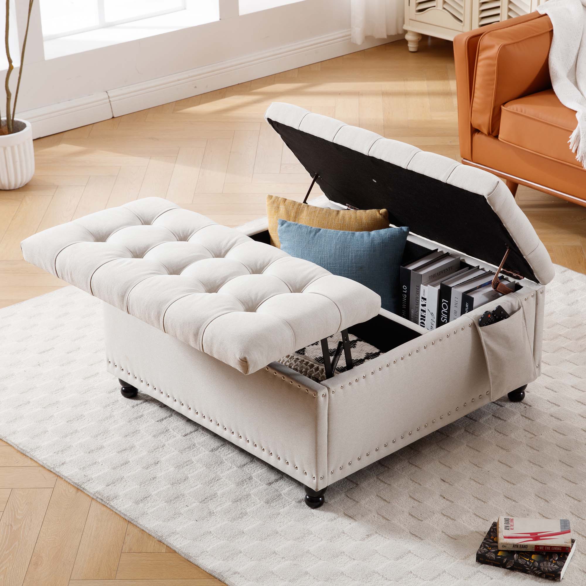 Fleefilo Beige 35 Inch Extra Large Storage Ottoman