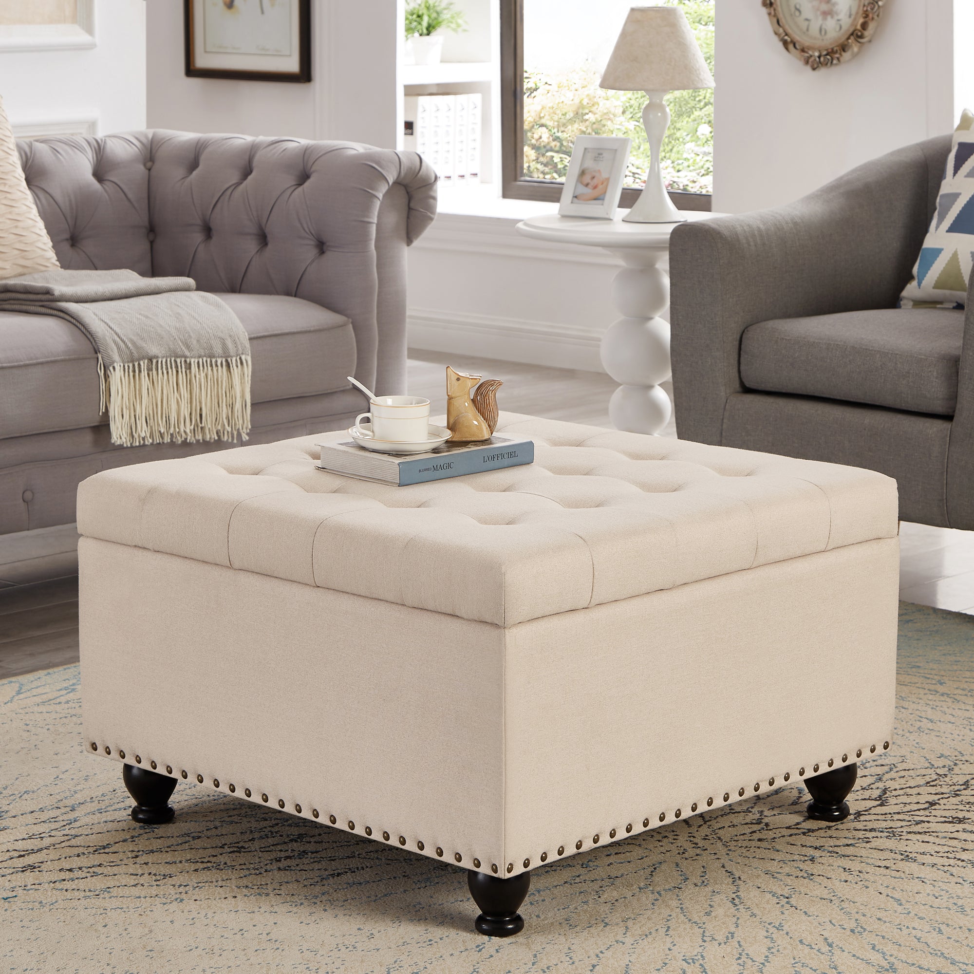 Fleefilo Beige Large square storage ottoman