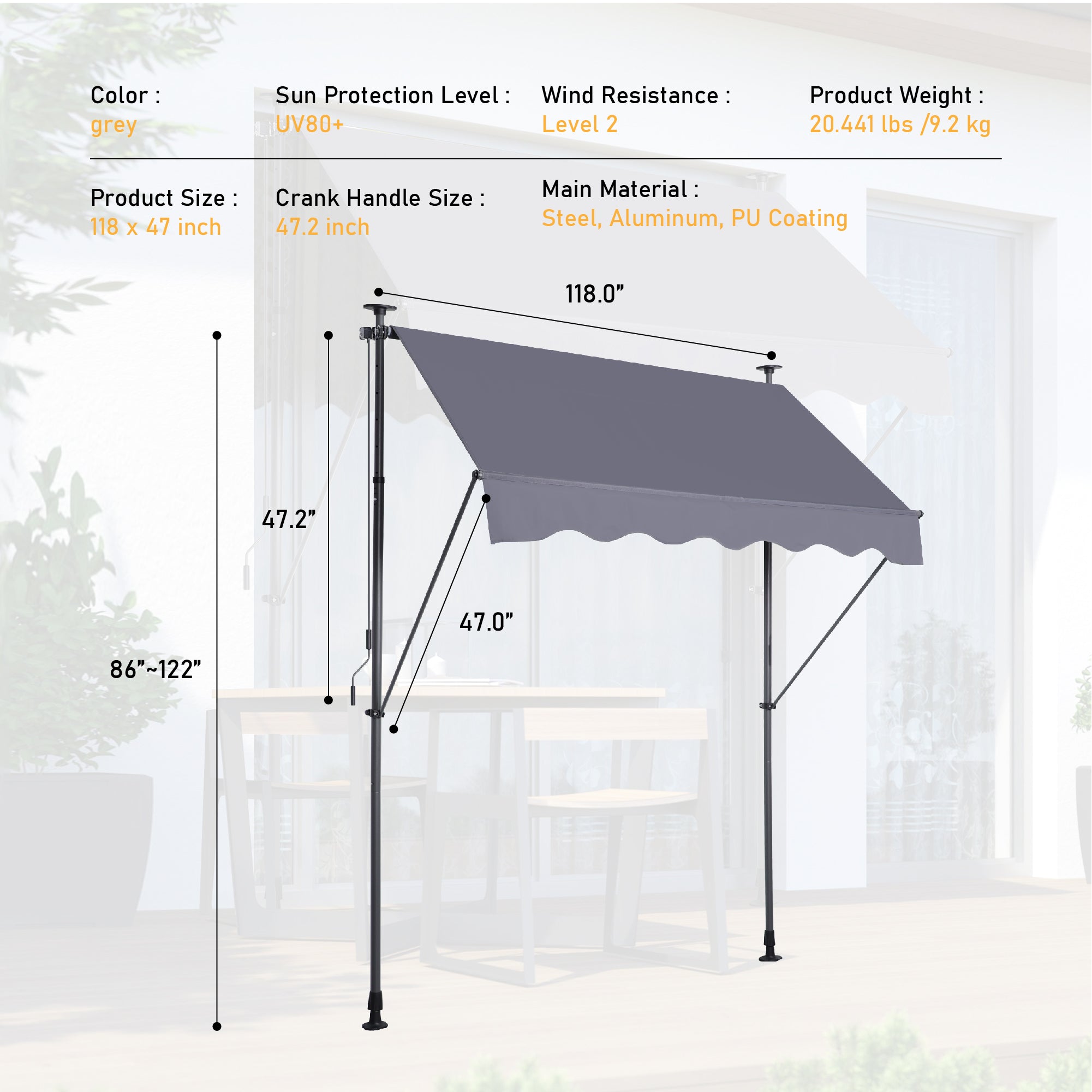 Home Decor Manual Retractable Awning-118'' Non-Screw Outdoor Sun Shade