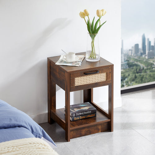 Home Decor Brown Rattan End table with drawer