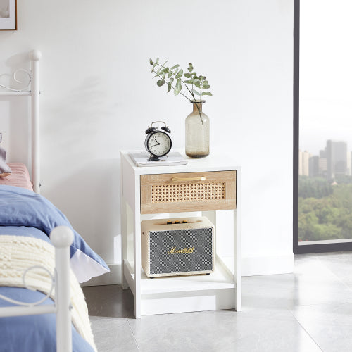 Home Decor White Rattan End table with drawer